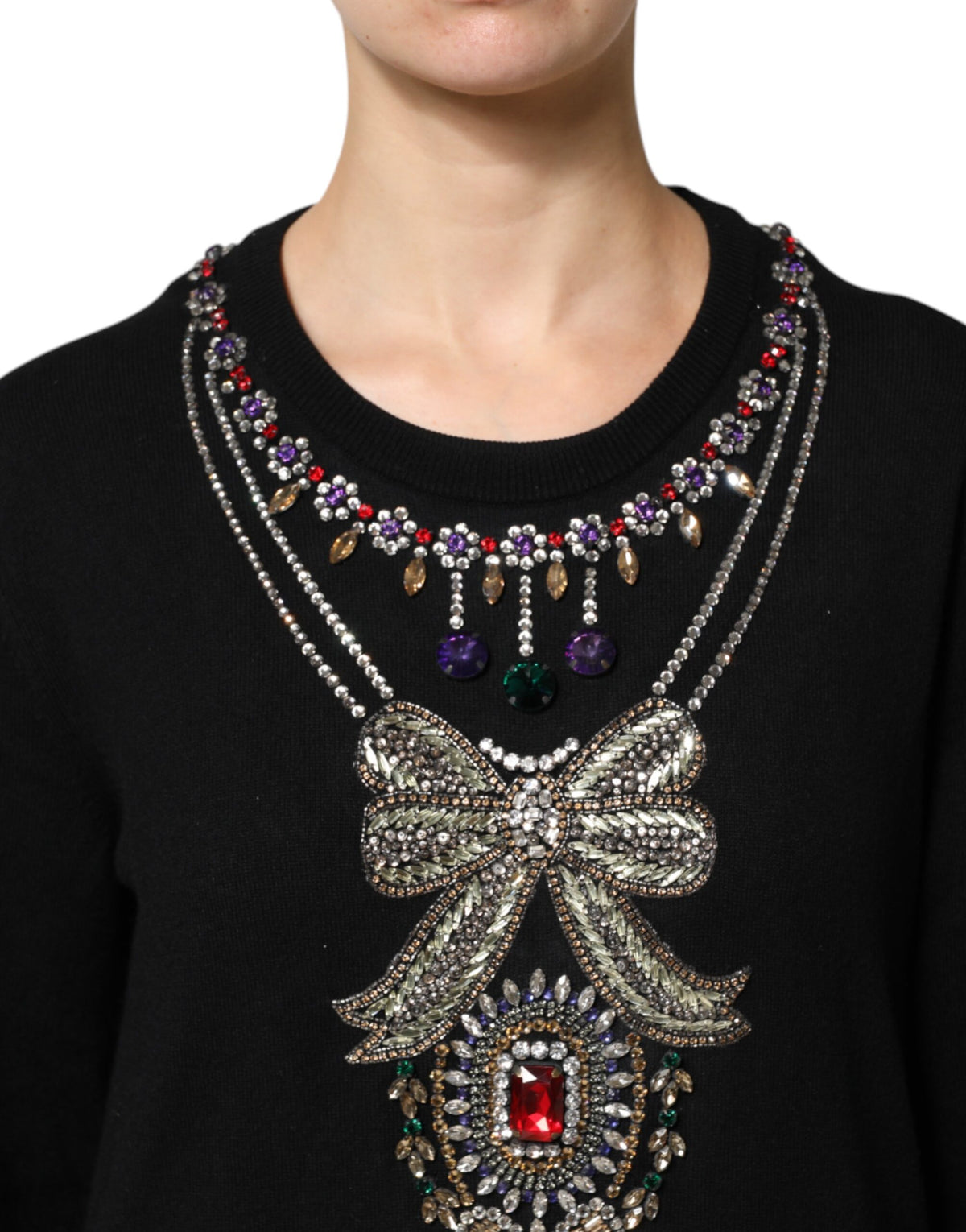 Dolce & Gabbana Women's Crew Neck Cashmere & Crystal Sweater - Black Multicolor