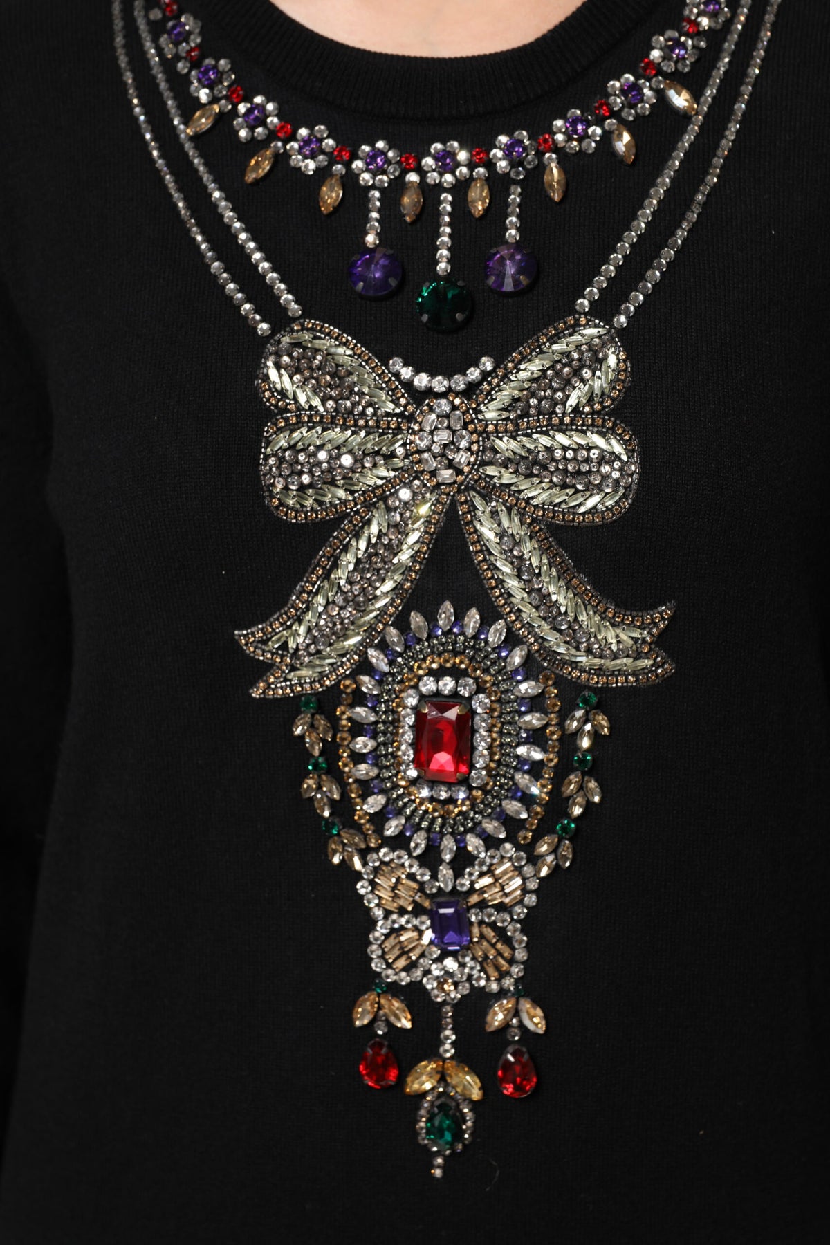 Dolce & Gabbana Women's Crew Neck Cashmere & Crystal Sweater - Black Multicolor