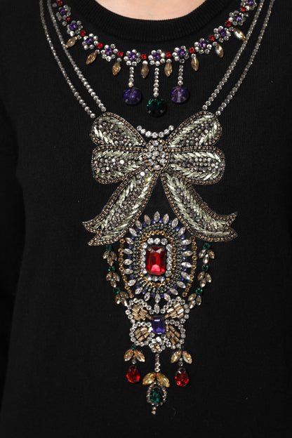 Dolce & Gabbana Women's Crew Neck Cashmere & Crystal Sweater - Black Multicolor