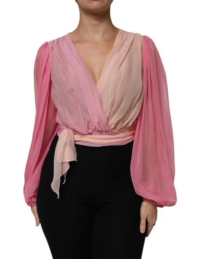 Dolce & Gabbana Pink Plunging V-neck Long Sleeves Blouse Top
