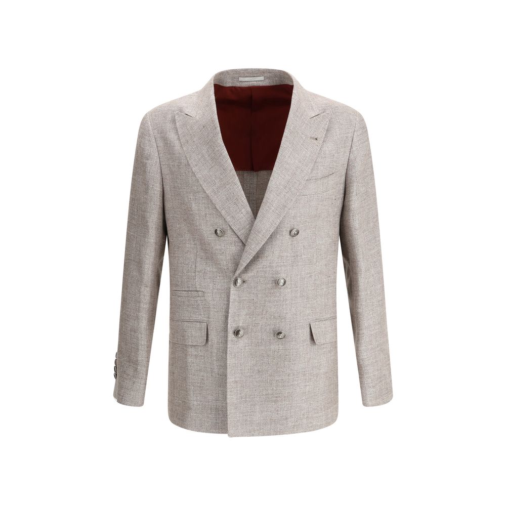 Blazer by Brunello Cucinelli for men in linen silk & wool brown showcases a discerning silhouette, elegantly detailed with a sophisticated lapel neckline and premium for a truly discerning finish.