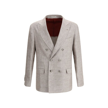 Blazer by Brunello Cucinelli for men in linen silk & wool brown showcases a discerning silhouette, elegantly detailed with a sophisticated lapel neckline and premium for a truly discerning finish.