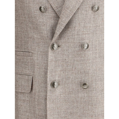 Blazer by Brunello Cucinelli for men in linen silk & wool brown features an sartorial silhouette, showcasing a sophisticated and sartorial for a truly sartorial finish.