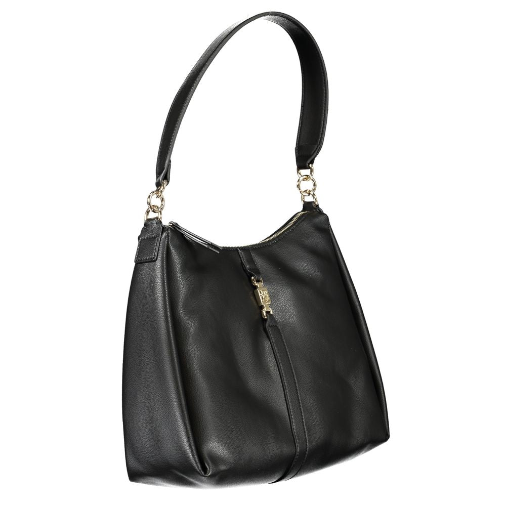 Convertible Handbag by Tommy Hilfiger for women in polyester faux leather black & signature features a polished silhouette with a secure zipper, ample internal-pockets, and polished handle for a sophisticated look.