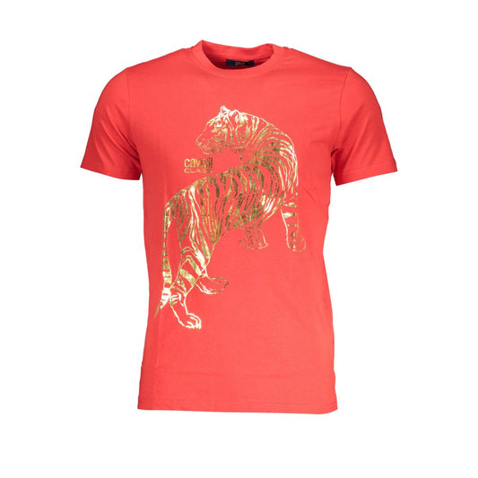 T-Shirt by Cavalli Class for men in cotton red & print showcases a chic silhouette, artfully detailed with a chic wrap crew neckline and short-sleeve for a chic finish.