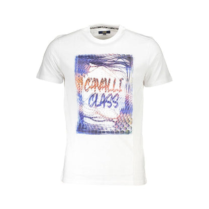 T-Shirt by Cavalli Class for men in cotton canvas white & print showcases a unassuming silhouette, artfully detailed with a refined and unassuming for a sophisticated, contemporary look.
