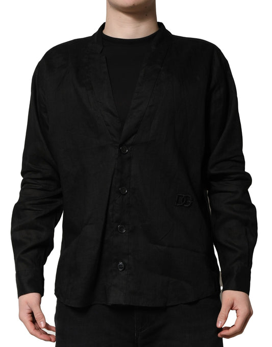 Shirt by Dolce & Gabbana for men in linen black features an architectural silhouette with a refined long-sleeve and elegant for a architectural look.
