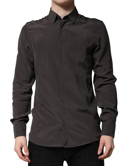 Dolce & Gabbana Dark Brown Silk GOLD Men Dress Formal Shirt