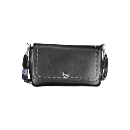 Crossbody Convertible Handbag by BYBLOS for women in polyethylene faux leather black & signature features a polished silhouette with a secure snap, ample internal-pockets, and polished crossbody-strap, adjustable-strap & handle for a sophisticated look.
