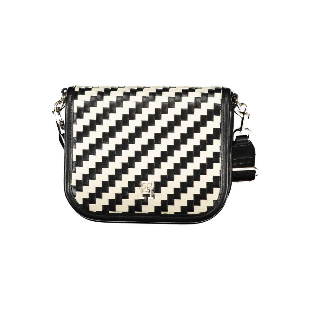 Compact Crossbody Convertible Handbag by Tommy Hilfiger for women in polyurethane faux leather black, gold, white, patterned & striped presents a exquisite silhouette, showcasing a secure snap and organized internal-pockets & coin-purse with versatile crossbody-strap, adjustable-strap & detachable-strap.