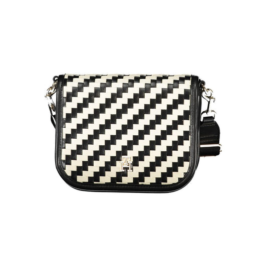Compact Crossbody Convertible Handbag by Tommy Hilfiger for women in polyurethane faux leather black, gold, white, patterned & striped presents a exquisite silhouette, showcasing a secure snap and organized internal-pockets & coin-purse with versatile crossbody-strap, adjustable-strap & detachable-strap.