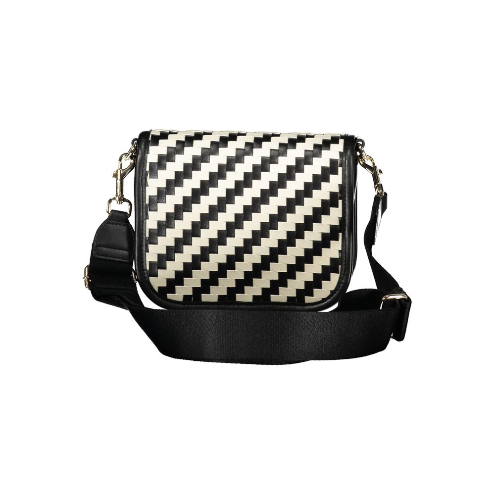 Compact Crossbody Convertible Handbag by Tommy Hilfiger for women in polyurethane faux leather black, gold, white, patterned & striped presents a exquisite silhouette, showcasing a secure snap and organized internal-pockets & coin-purse with versatile crossbody-strap, adjustable-strap & detachable-strap.