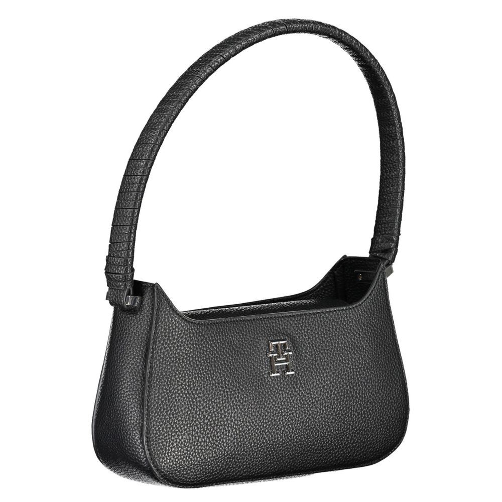 Shoulder Convertible Handbag by Tommy Hilfiger for women in polyethylene faux patent leather black features an exquisite silhouette, showcasing a secure magnetic, ample , and versatile shoulder-strap & handle for exquisite style.