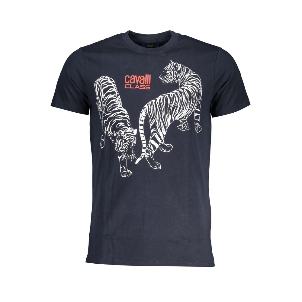 T-Shirt by Cavalli Class for men in cotton blue & print showcases a fashionable silhouette, elegantly detailed with a fashionable and crew neckline for a sophisticated, high-fashion look.