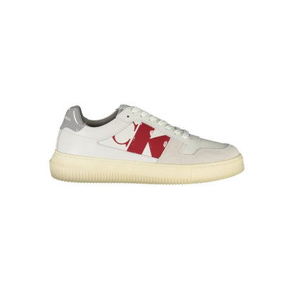 Athletic Sneakers by Calvin Klein for men in polyester polyethylene leather white features an architectural silhouette, showcasing the premium athletic style of the Men's Athletic Polyester Polyethylene Leather Sneakers with an architectural finish.