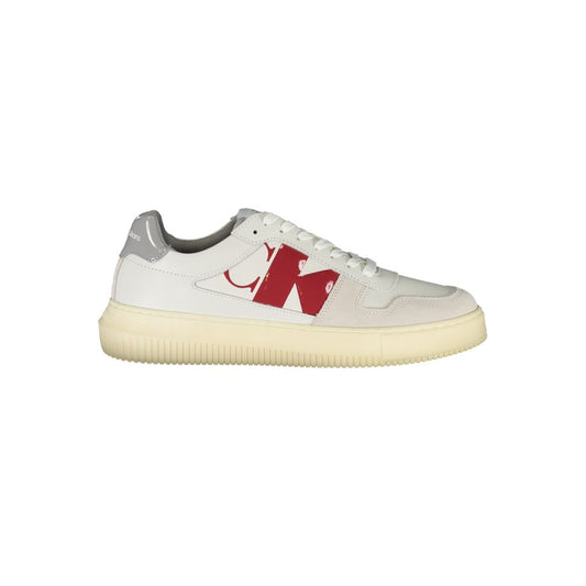 Athletic Sneakers by Calvin Klein for men in polyester polyethylene leather white features an architectural silhouette, showcasing the premium athletic style of the Men's Athletic Polyester Polyethylene Leather Sneakers with an architectural finish.
