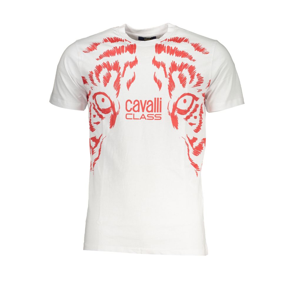 T-Shirt by Cavalli Class for men in cotton white & print showcases a fashionable silhouette, elegantly detailed with a fashionable and crew neckline for a sophisticated, high-fashion look.