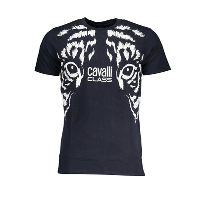T-Shirt by Cavalli Class for men in cotton blue, signature & print showcases a dramatic silhouette, elegantly detailed with a dramatic crew neckline and for a truly dramatic finish.
