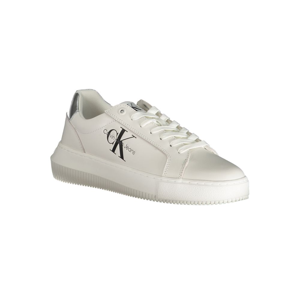 Athletic Sneakers by Calvin Klein for women in polyester polyurethane leather white & print showcases a architectural silhouette, artfully capturing the essence of the Women's Athletic Polyester Polyurethane Leather Sneakers with its signature architectural athletic style construction.