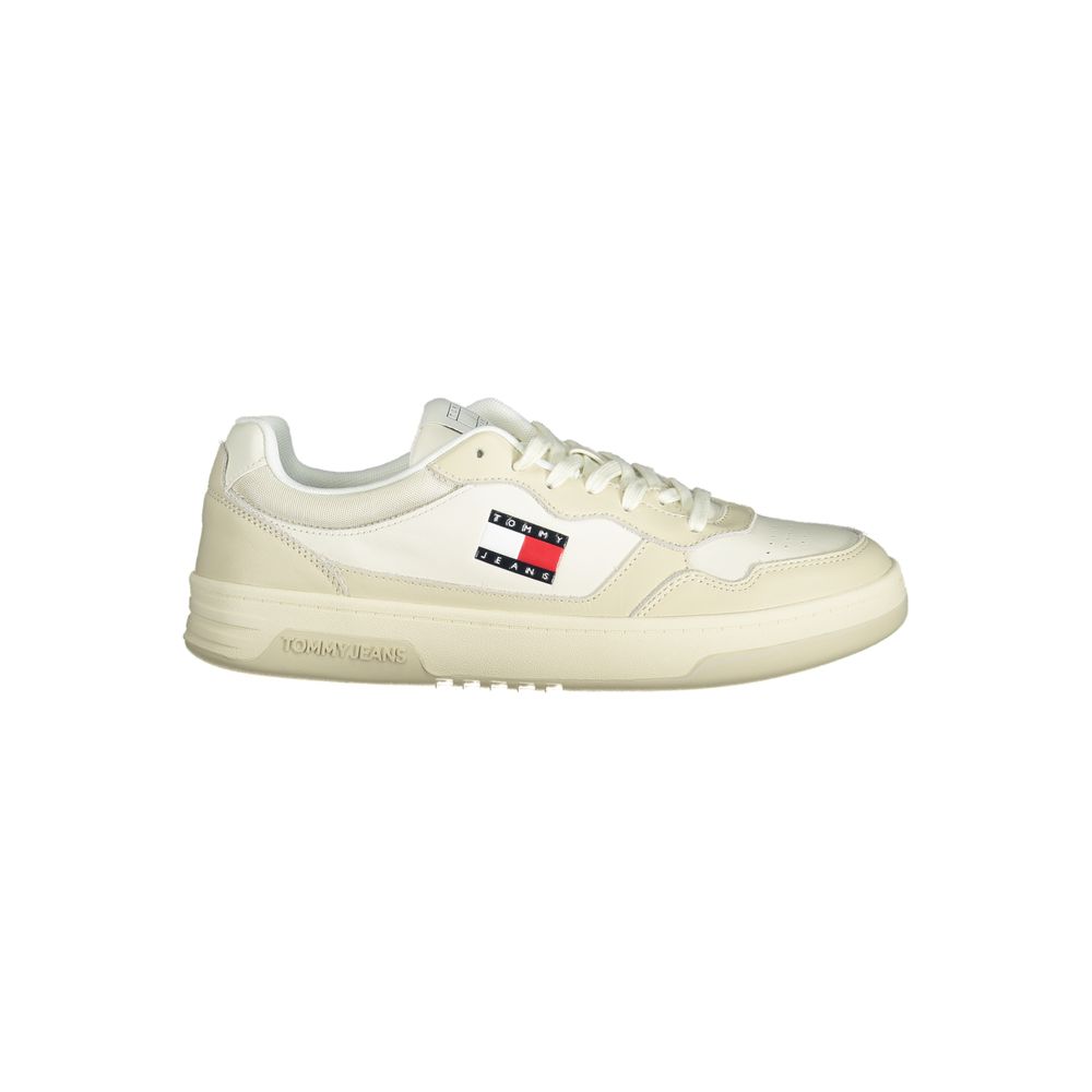 Athletic Sneakers by Tommy Hilfiger for men in polyester polyethylene leather beige & cream showcases a architectural silhouette, artfully capturing the essence of the Crisp Men's Athletic Polyester Polyethylene Leather Sneakers with its signature architectural athletic style construction.