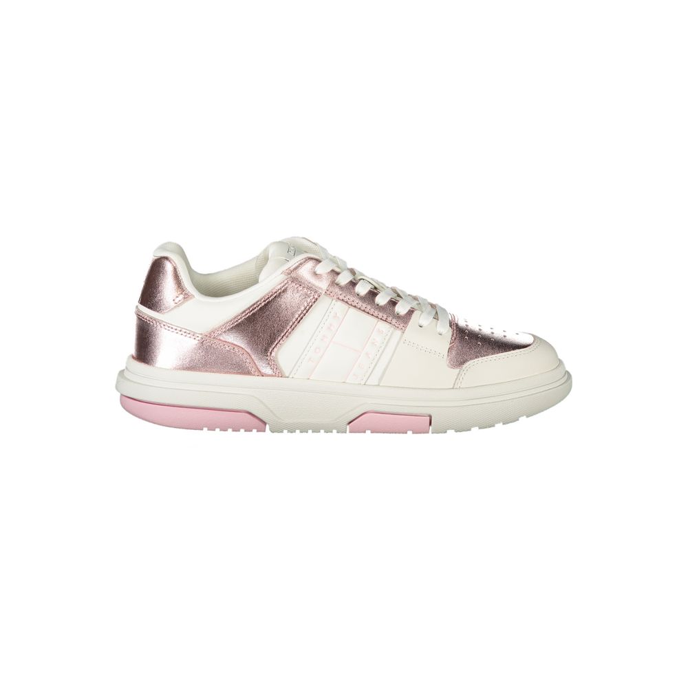 Sneakers by Tommy Hilfiger for women in polyester polyethylene leather pink, white & signature features an opulent silhouette from the Crisp Women's Fashion Polyester Polyethylene Leather Sneakers collection, showcasing a signature fashion style with an opulent finish.