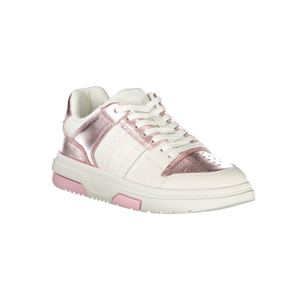 Sneakers by Tommy Hilfiger for women in polyester polyethylene leather pink, white & signature presents a sumptuous silhouette from the Crisp Women's Fashion Polyester Polyethylene Leather Sneakers collection, showcasing a sumptuous fashion style for an elevated aesthetic.