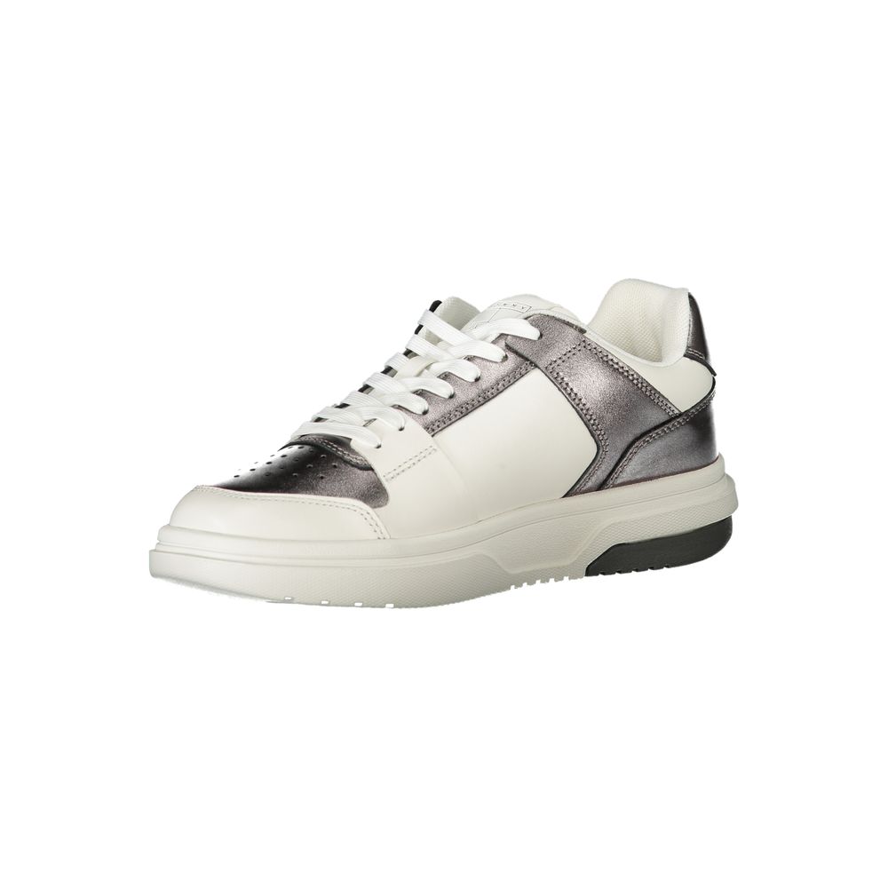 Sneakers by Tommy Hilfiger for women in polyester polyethylene leather silver, white & print presents a sumptuous silhouette from the Women's Fashion Polyester Polyethylene Leather Sneakers collection, showcasing a sumptuous fashion style for an elevated aesthetic.