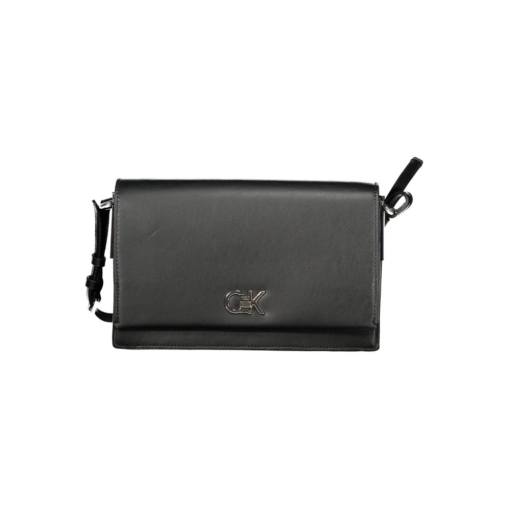 Handbag by Calvin Klein for women in polyester polyethylene faux leather black features a ornamental silhouette, showcasing a secure zipper, ample built-in-compartments & cardholder, and ornamental adjustable-strap & handle for a sophisticated look.