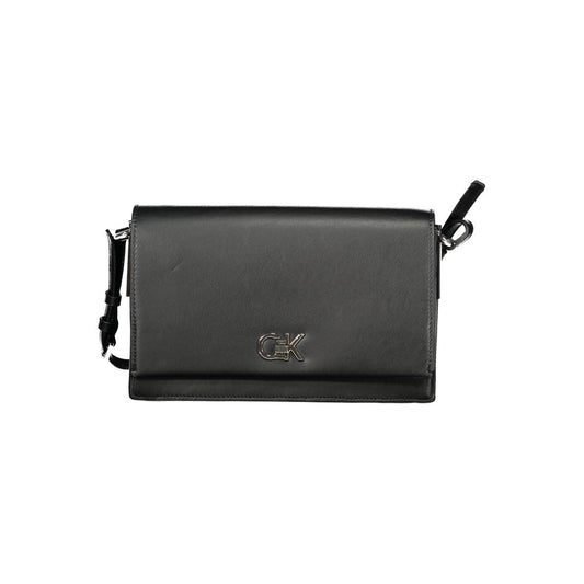 Handbag by Calvin Klein for women in polyester polyethylene faux leather black features a ornamental silhouette, showcasing a secure zipper, ample built-in-compartments & cardholder, and ornamental adjustable-strap & handle for a sophisticated look.
