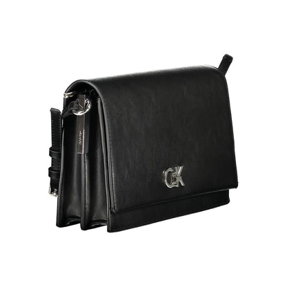 Handbag by Calvin Klein for women in polyester polyethylene faux leather black features a signature silhouette, showcasing a secure zipper and signature built-in-compartments & cardholder with versatile adjustable-strap & handle for a sophisticated look.