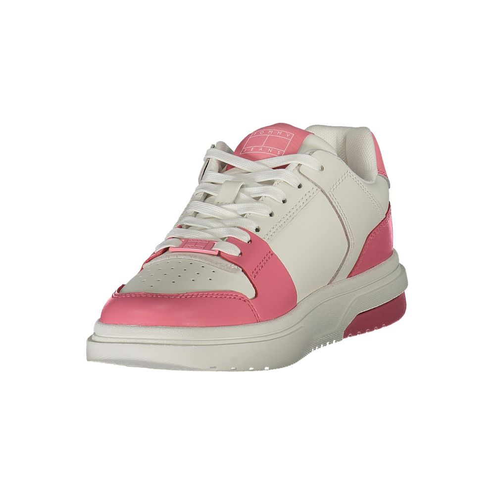 Sneakers by Tommy Hilfiger for women in polyester polyethylene leather pink & print features an opulent silhouette from the Essence Women's Fashion Polyester Polyethylene Leather Sneakers collection, showcasing a signature fashion style with an opulent finish.
