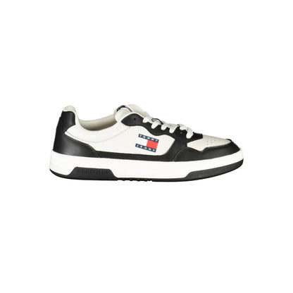 Athletic Sneakers by Tommy Hilfiger for men in polyester polyethylene leather black & white features an architectural silhouette from the Men's Athletic Polyester Polyethylene Leather Sneakers collection, showcasing a architectural athletic style for a architectural look.