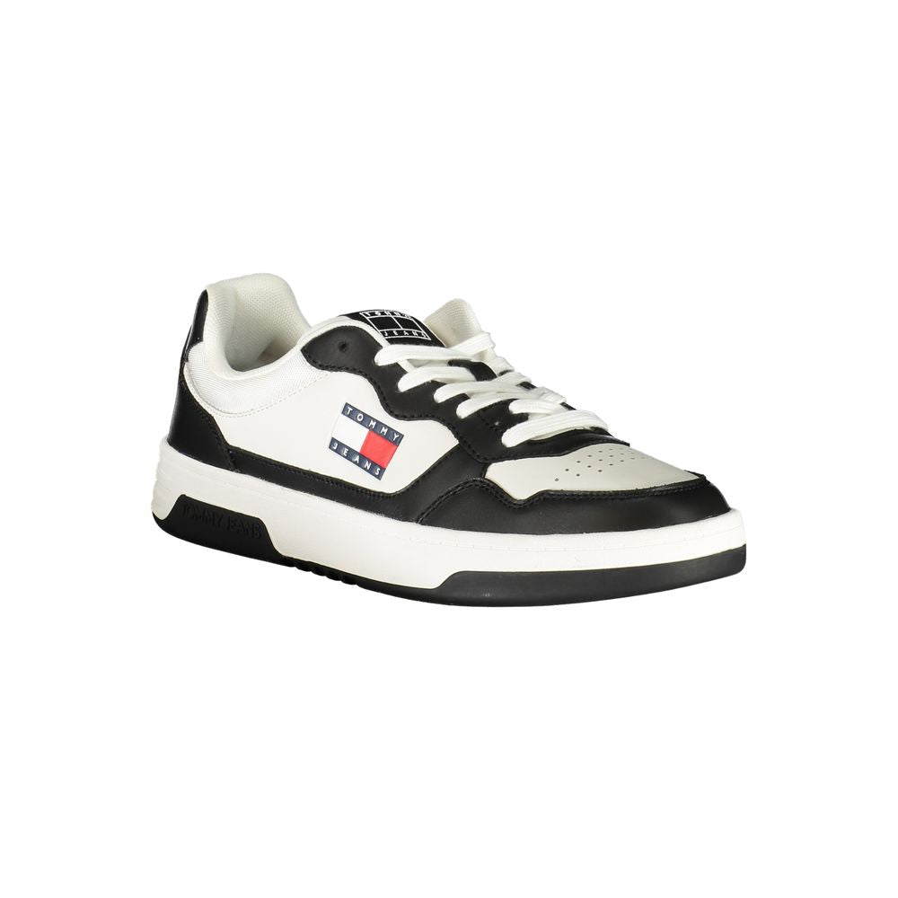 Athletic Sneakers by Tommy Hilfiger for men in polyester polyethylene leather black & white showcases a architectural silhouette, artfully capturing the essence of the Men's Athletic Polyester Polyethylene Leather Sneakers with its signature architectural athletic style construction.
