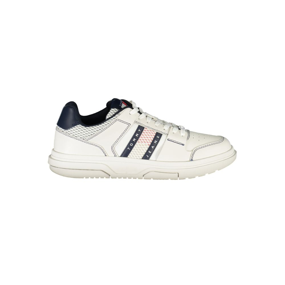 Athletic Sneakers by Tommy Hilfiger for men in polyester polyethylene leather blue features an architectural silhouette, showcasing the premium athletic style of the Men's Athletic Polyester Polyethylene Leather Sneakers with an architectural finish.
