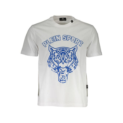 T-Shirt by Plein Sport for men in cotton white & print features an edgy silhouette, meticulously detailed with a sophisticated and crew neckline for a truly edgy finish.