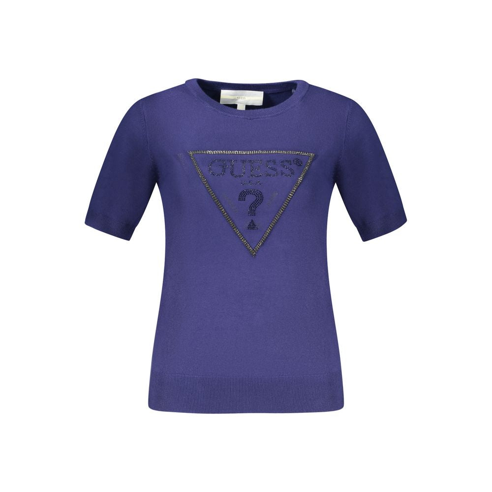 Sweater by Guess Jeans for women in stretch polyamide & viscose blue showcases a discreet silhouette, finished with a discreet crew neckline and for a discreet look.