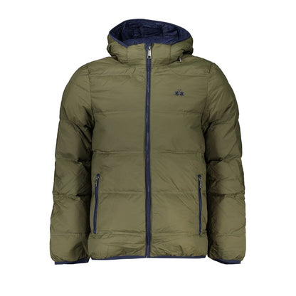 Hooded Windbreaker Jacket by La Martina for men in polyamide & duck down black, green & signature features an magnificent silhouette, showcasing the sophisticated hooded neckline and functional pockets, hooded, insulated & windproof for a premium, magnificent look.