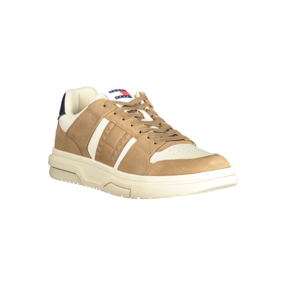 Sneakers by Tommy Hilfiger for men in polyester polyethylene leather beige, blue & brown presents a sumptuous silhouette as Men's Casual Polyester Polyethylene Leather Sneakers, expertly defined by a sumptuous casual style for a sumptuous, high-fashion look.