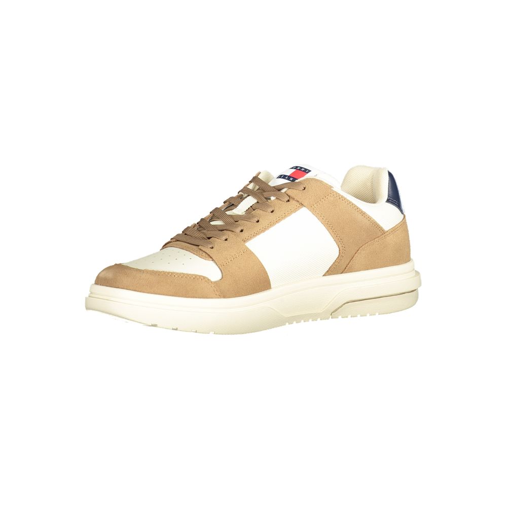 Sneakers by Tommy Hilfiger for men in polyester polyethylene leather beige, blue & brown features an opulent silhouette from the Men's Casual Polyester Polyethylene Leather Sneakers collection, showcasing a signature casual style with an opulent finish.