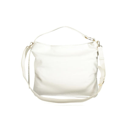 This Handbag by Mario Valentino for women in polyethylene and white presents a sculptural silhouette featuring a secure zipper, ample internal-pockets, and versatile shoulder-strap, handle & adjustable-strap for a sculptural finish.