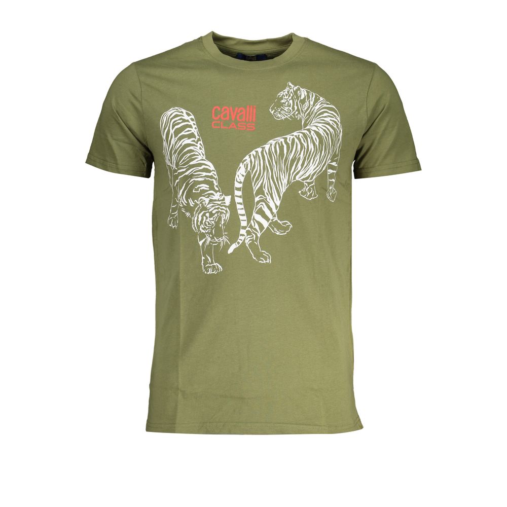T-Shirt by Cavalli Class for men in cotton green & print showcases a fashionable silhouette, elegantly detailed with a fashionable and crew neckline for a sophisticated, high-fashion look.