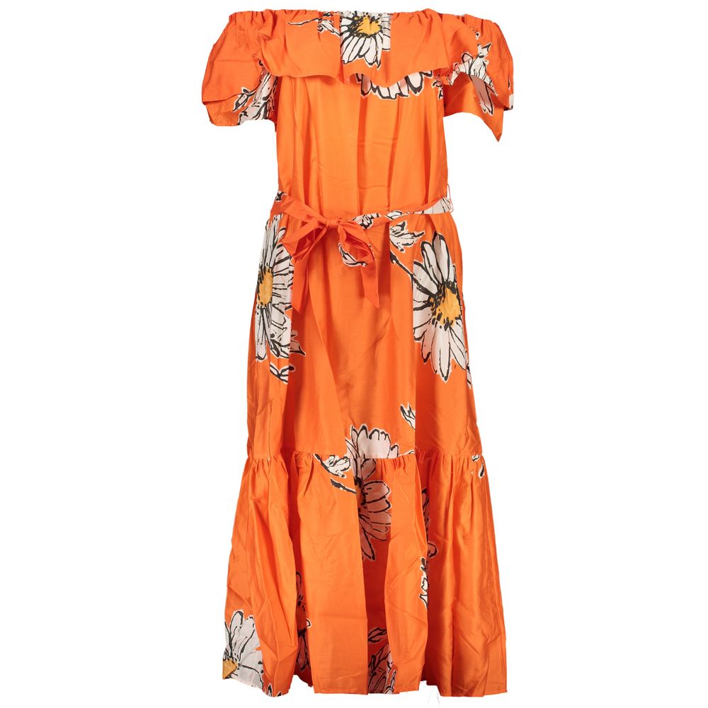 Dress by Desigual for women in cotton orange & patterned features an magnificent silhouette, artfully detailed with a magnificent wide-neck neckline and short-sleeve that flows into an magnificent short long.