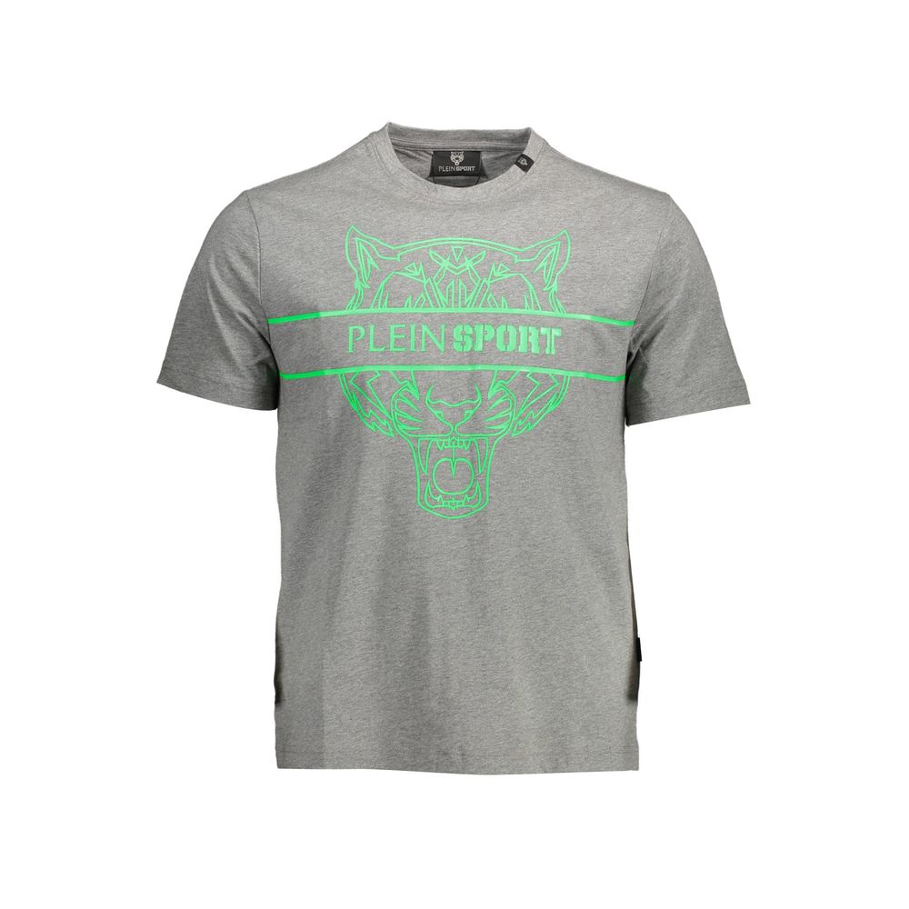 T-Shirt by Plein Sport for men in cotton brown & gray showcases a dramatic silhouette, elegantly detailed with a dramatic crew neckline and short-sleeve for a truly dramatic finish.
