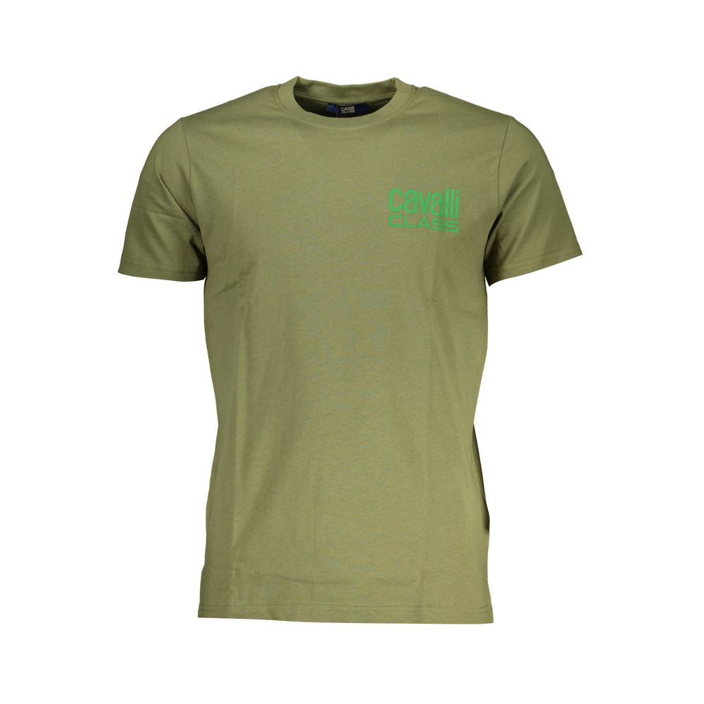 T-Shirt by Cavalli Class for men in cotton green & print showcases a fashionable silhouette, elegantly detailed with a fashionable short-sleeve and crew neckline for a sophisticated, high-fashion look.