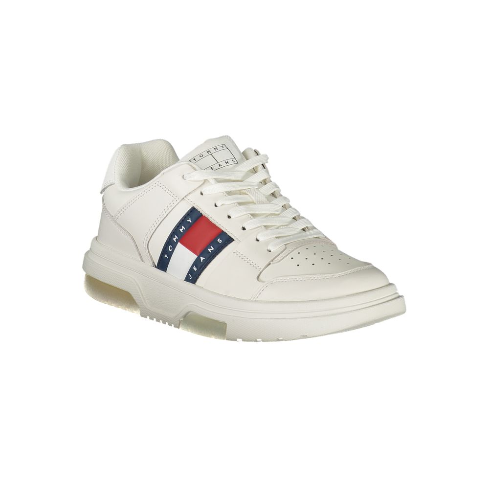 Athletic Sneakers by Tommy Hilfiger for women in polyester polyurethane leather white showcases a architectural silhouette, artfully capturing the essence of the Women's Athletic Polyester Polyurethane Leather Sneakers with its signature architectural athletic style construction.