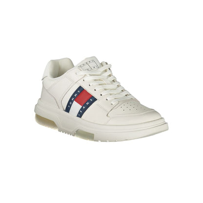 Athletic Sneakers by Tommy Hilfiger for women in polyester polyurethane leather white showcases a architectural silhouette, artfully capturing the essence of the Women's Athletic Polyester Polyurethane Leather Sneakers with its signature architectural athletic style construction.