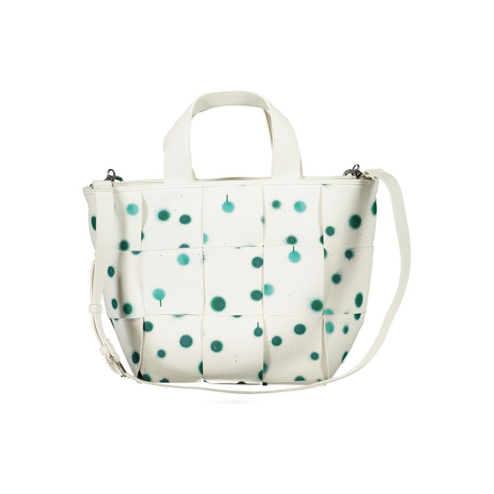 Handbag by Desigual for women in polyethylene white & signature features an refined silhouette, showcasing a secure zipper, ample internal-pockets, and versatile shoulder-strap, adjustable-strap, detachable-strap & handle for a sophisticated refined aesthetic.
