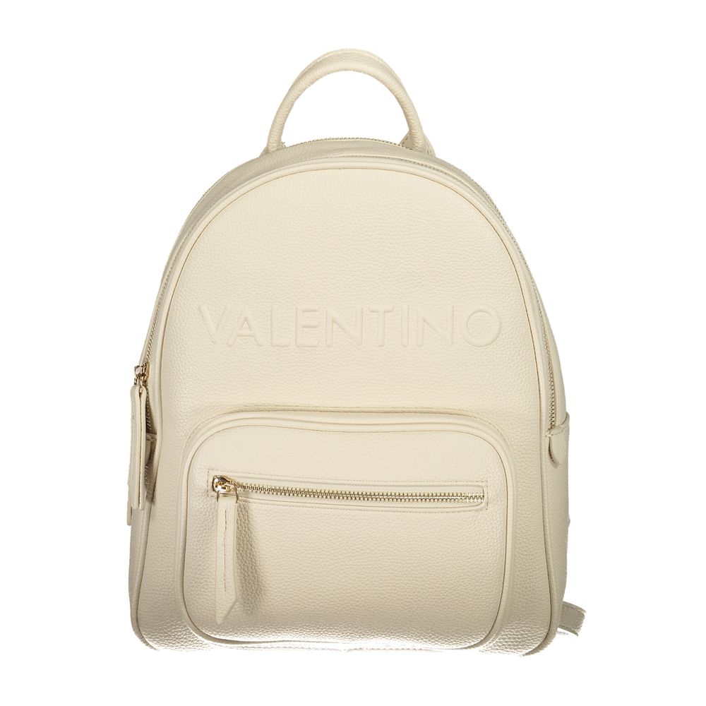 Backpack by Mario Valentino for women in faux grained leather beige & signature showcases an architectural Faux Grained Leather Backpack design, featuring a secure zipper, ample built-in-compartments, external-pockets & internal-pockets, and architectural backpack-strap, adjustable-strap & handle for a sophisticated look.