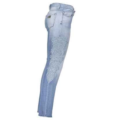 Jeans by Just Cavalli for women in stretch denim cotton azzurro features a polished silhouette with a polished skinny, reaching a polished long and finished with a polished .