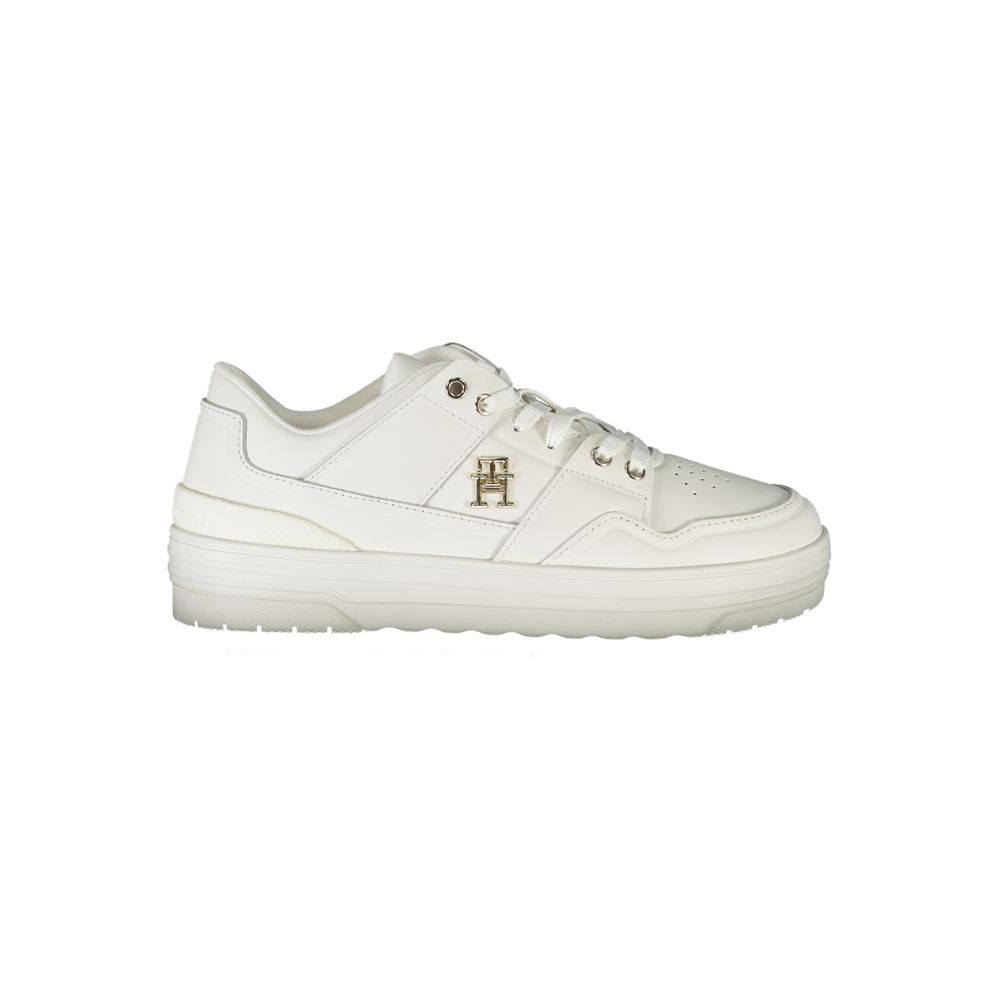 Athletic Sneakers by Tommy Hilfiger for women in polyester polyethylene leather white & signature features an architectural silhouette, showcasing the premium athletic style of the Crisp Women's Athletic Polyester Polyethylene Leather Sneakers with an architectural finish.